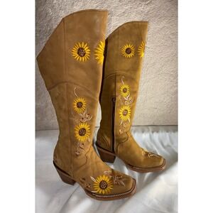 El General 1901 Sunflower Embroidered Tall Western Boots Tan Leather Womens 6